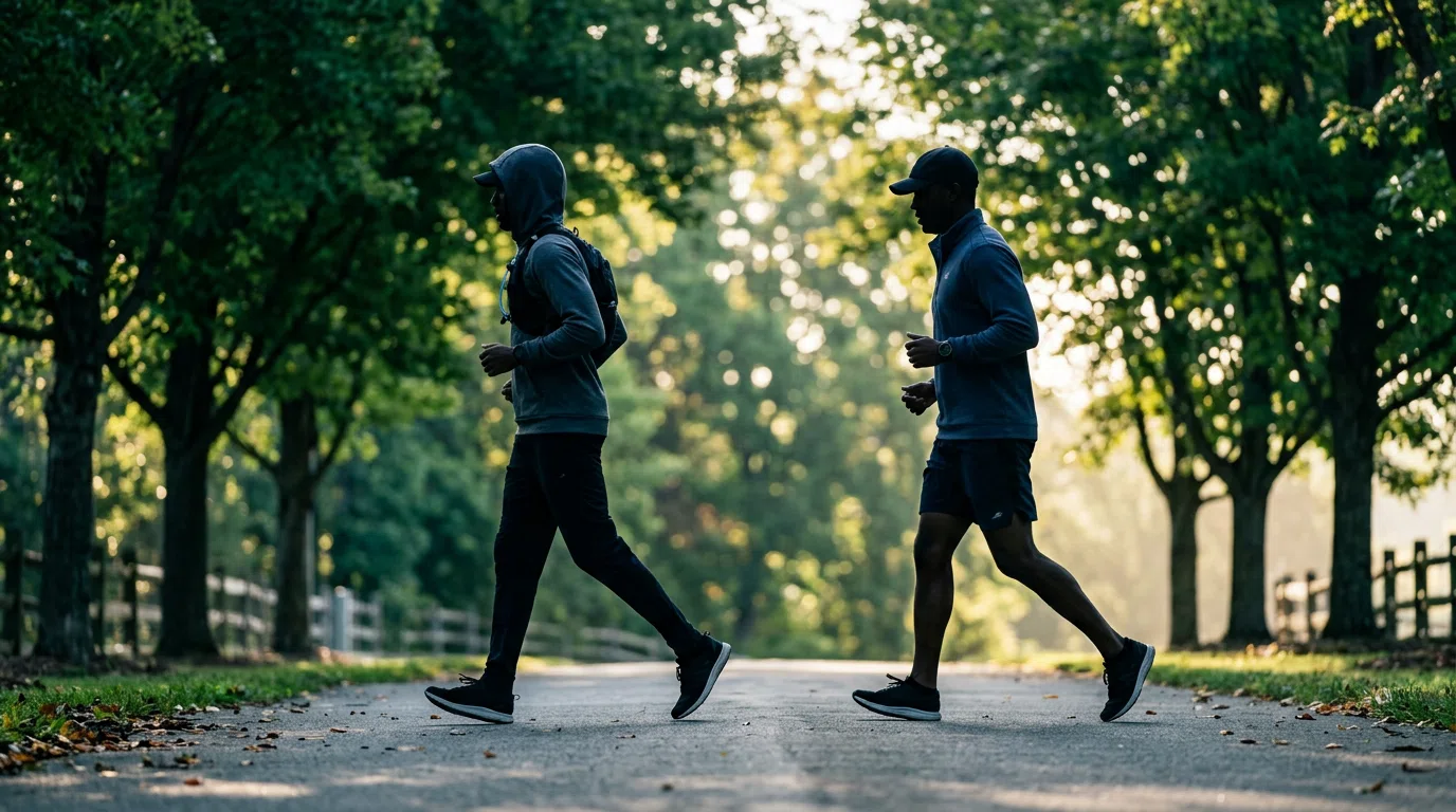 Twee anonieme mannen wandelen actief op een pad - mannengezondheid na 50 supplement kopen