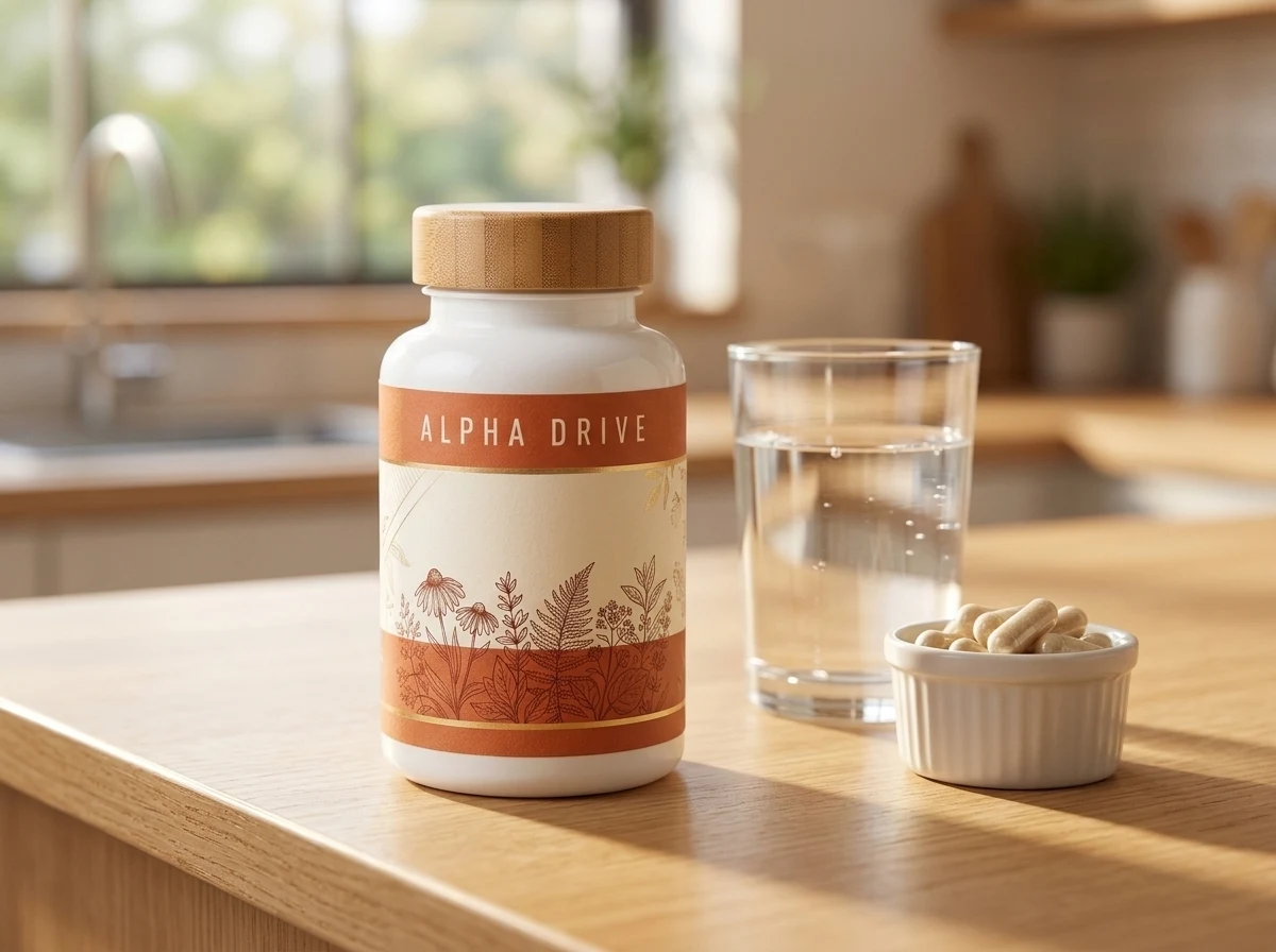 Alpha Drive witte pot met lichtblauwe accenten naast capsules - voedingssupplement prostaatcomfort dagelijks